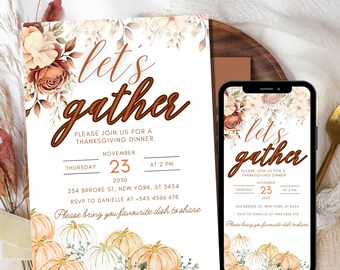 White Pumpkin Thanksgiving Invitation Template (Digital Download)