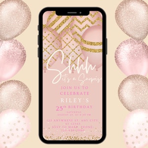 Digital Pink Gold Surprise Birthday Invitation, Electronic Surprise Birthday Party Invite, Editable Template, Phone Evite, Instant Download