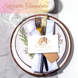 Thanksgiving Floral Fall Thankful For Place Card, Editable Template, Personalize, Friendsgiving Place Card, Leaves Pumpkin, Folded and Flat