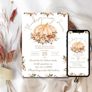 Thanksgiving Dinner Invitation, Let&#39;s Give Thanks Invitation Template, Thanksgiving Invite, Printable Thanksgiving Invitation, Pumpkin