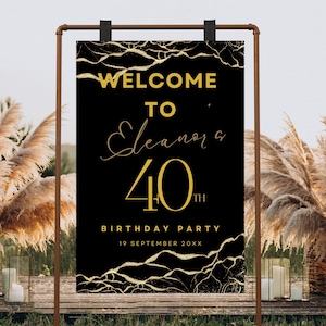 Editable Black Gold Welcome Sign Birthday Party Gold Balloons Welcome Sign Decor Decoration Welcome Sign Party Canva Template PRINTABLE