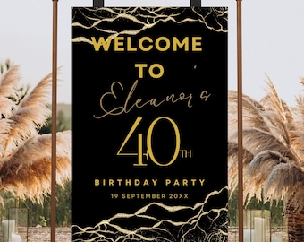 Letrero de bienvenida de cumpleaños en negro y dorado, decoración con globos editable (plantilla imprimible de Canva)