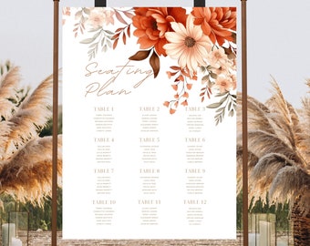 Terracotta Floral Wedding Seating Chart Template, Editable Rust Seating Chart Template, Printable Burnt Orange Wedding Seating Chart