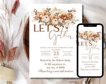 Thanksgiving Dinner Invitation Template, Pumpkin Floral, Digital Invite
