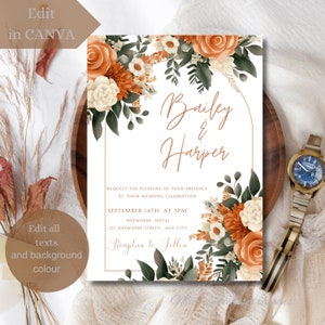 Boho Pampas Hochzeitseinladung bearbeitbar, druckbare Hochzeitseinladung Vorlage, Terrakotta Rost einladen, bearbeitbare Einladung Floral