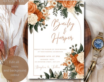 Bohemian Pampas Wedding Invitation, Terracotta Floral (Printable Editable Template)