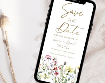 Wildflower Wedding Save The Date, Greenery Phone Invitation (Digital Download)