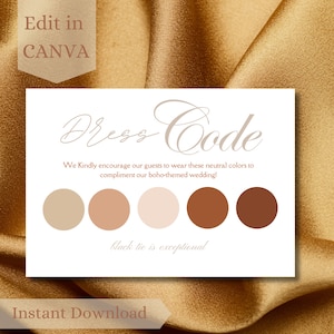 Bruiloft gast dresscode kaartsjabloon, bewerkbare bruiloft kleding kaart kleurenpalet, gast dresscode verzoek inserts, CANVA kleding sjablonen