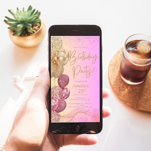 Elektronische roze gouden glitter ballonnen verjaardagsuitnodiging, digitale verjaardagsfeestje uitnodigen bewerkbare sjabloon telefoon Evite, Instant Download
