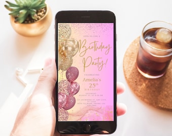 Invitación de cumpleaños electrónica con globos de purpurina rosa y dorada, plantilla editable para fiesta de cumpleaños digital en Evite, descarga instantánea.