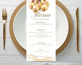 Plantilla de menú de cumpleaños dorado, editable e imprimible (descarga digital)