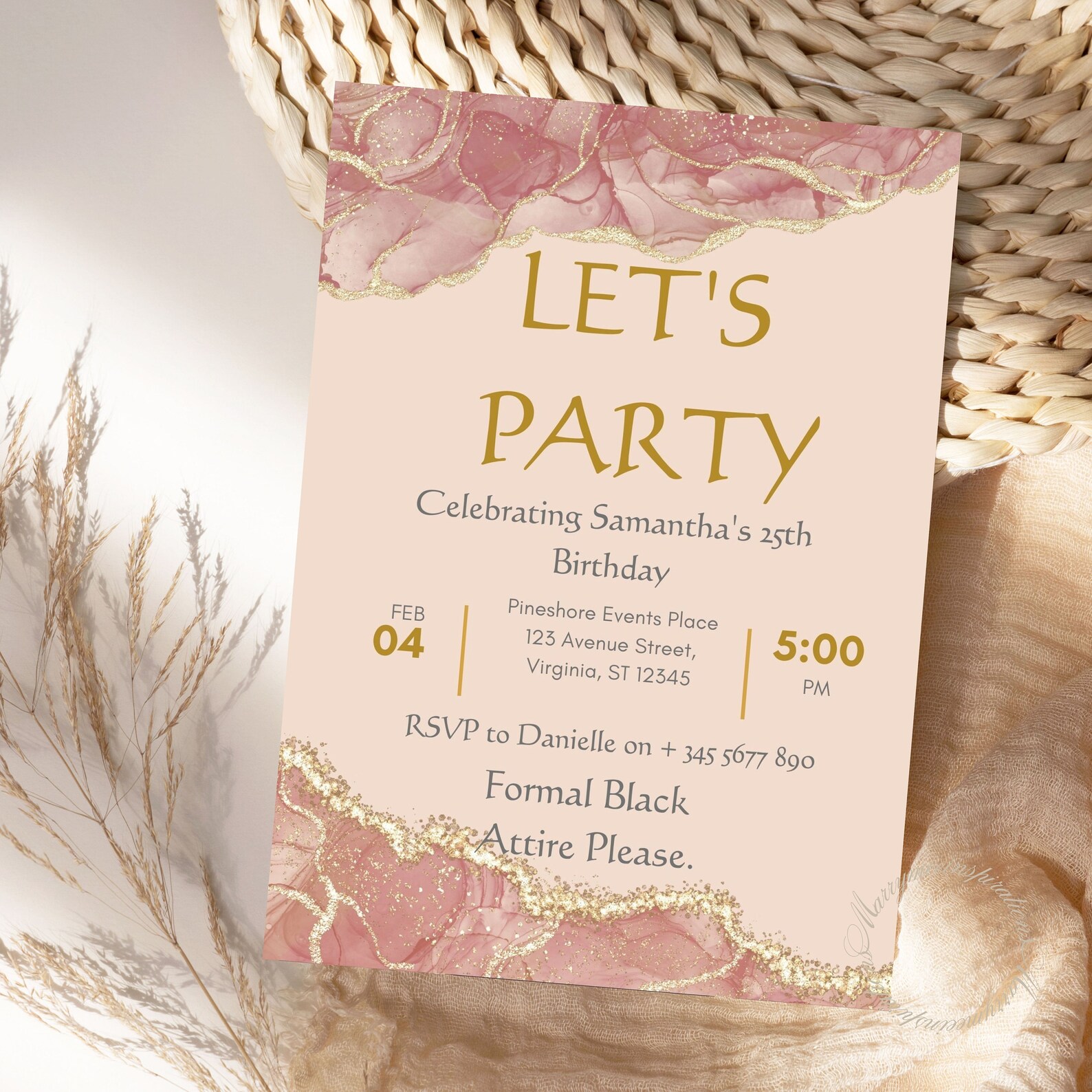 Pink and Gold Birthday Invitation Template Editable Party Invite, Pink