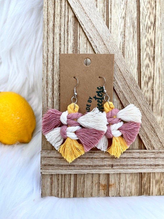 Boho Spring Macrame Earrings, Feather Earrings, Mother's Day Gift