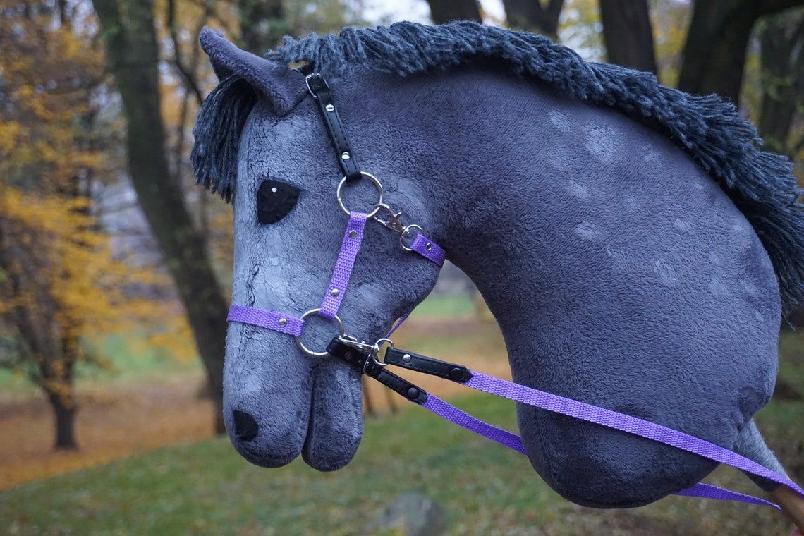 Halter for hobby horse with reins / Lavender and black leather Etsy