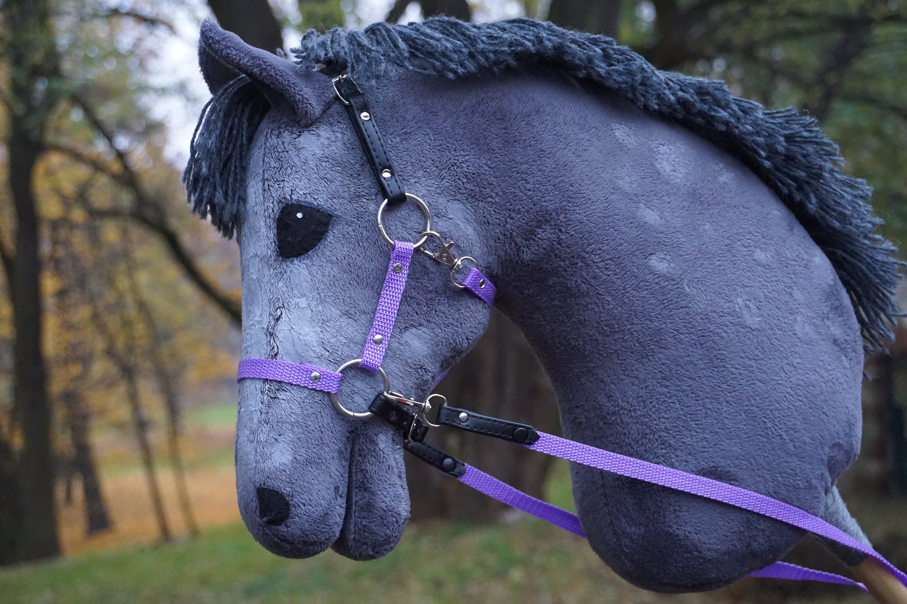 Halter for hobby horse with reins / Lavender and black leather Etsy