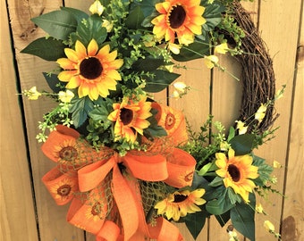 Grapevine Sunflower wreath, Sunflower wreath, Orange and yellow sunflower wreath