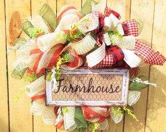 Adorable Farmhouse wreath, Farmhouse wreath , mesh wreath, burgundy green and cream , country wreath