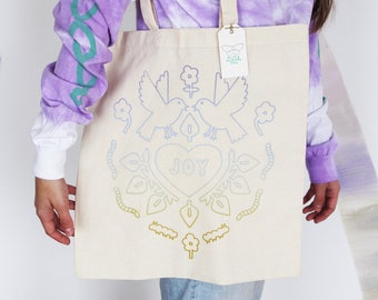 Rainbow 'Joy' Screen Printed Tote Bag / Gift, Birthday, Floral, Nature