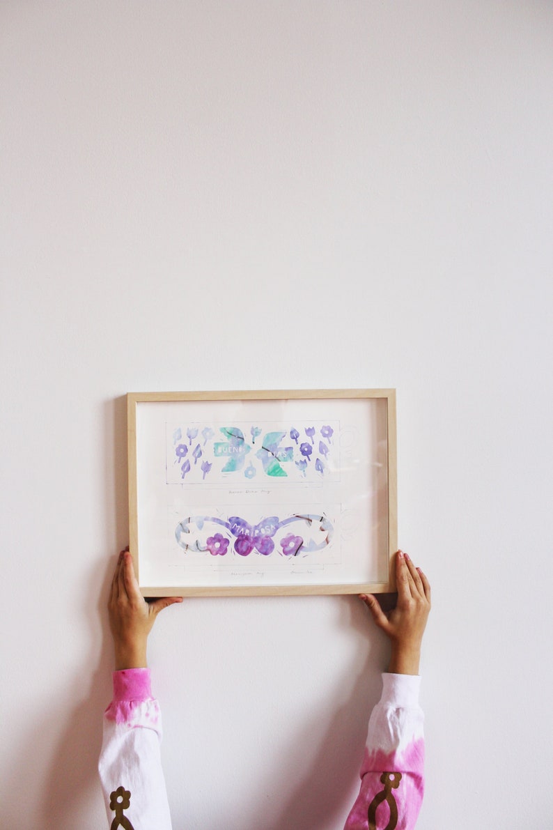 Buenos Dias and Mariposa Mug / Monoprint, Printmaking, Gift, Wall Art