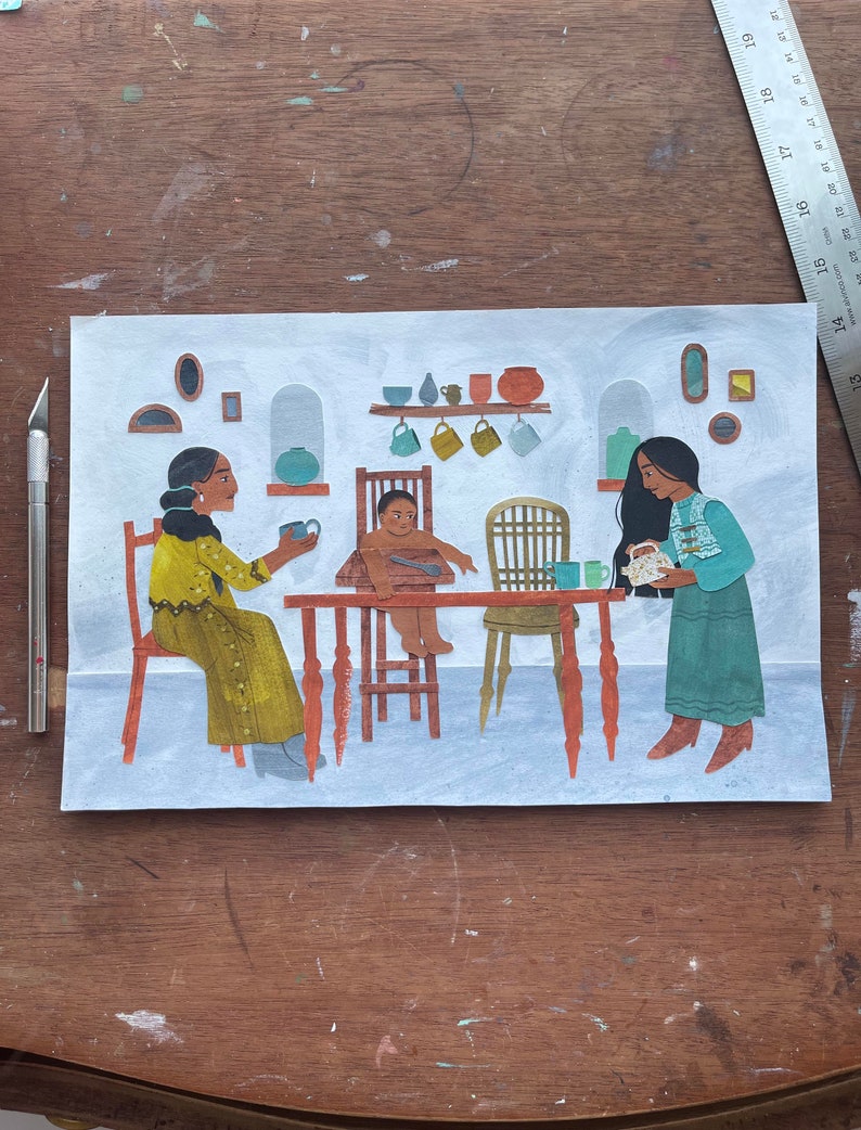 Tea Time Original Art / Cut paper, collage, gift, South American, Latino, Latina, Latinx, Mothers Day image 2