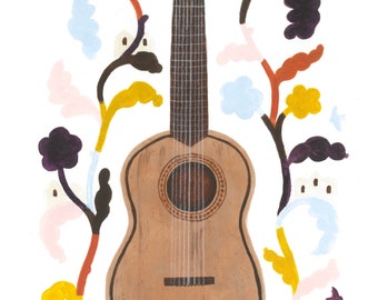 Magic Guitar //  Digital Illustration Print // Music, Birds, Nature, Houses // Art and Collectibles