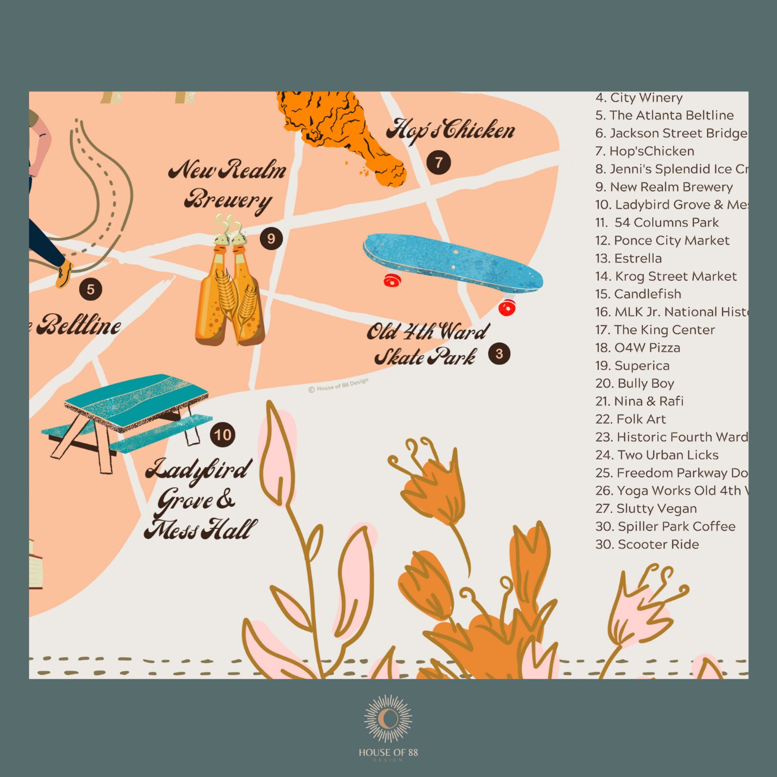 Illustrated Old Fourth Ward Atlanta 16x20 Map / Airbnb Etsy