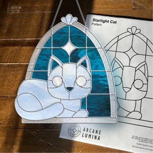 Starlight Cat, stained glass pattern, suncatcher, digital download, PDF, PNG
