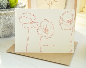 Simple Poppy Thank You Cards | Hand Illustrated | 4x5.5inch Cards + Brown Paper Envelopes