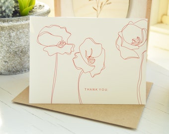Simple Poppy Thank You Card Set | Hand Illustrated | 4x5.5inch Cards + Brown Paper Envelopes (bulk order)