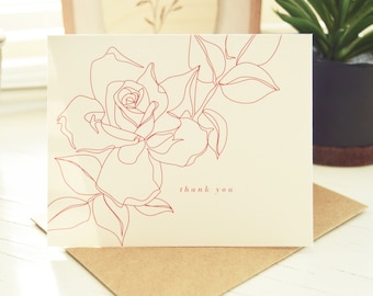 Simple Rose Thank You Cards | Hand Illustrated | 4 x 5 inch Thank You Cards + Brown Paper Envelopes