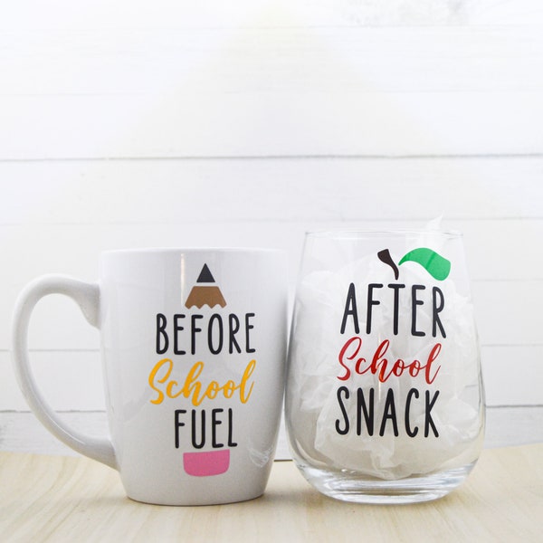 School Drink Set, Stemless Wine Glass, Coffee Mug, Before School Fuel, After School Snack, 17 oz Glass, Teacher Appreciation, Gift Sets