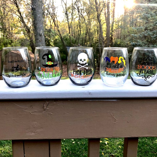 Halloween Wine Glasses, Wine Glass, Halloween Party Gifts, Halloween Wine, Party Favor, Drink Up Witches, Bunch of Hocus Pocus, More Boos