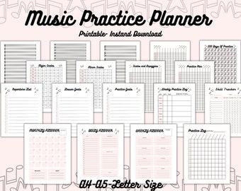 May include: A printable music practice planner with 12 different pages, including a monthly planner, daily planner, weekly planner, practice log, repertoire list, lesson goals, practice goals, major scales, minor scales, scales and arpeggios, 100 days of practice, and a skill tracker. The pages are all in black and white with a musical note design.