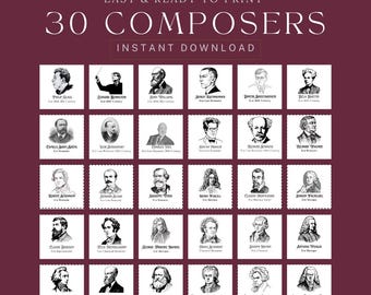 May include: A maroon print featuring 30 composer portraits in black and white, with text that reads "EASY & READY TO PRINT" and "30 COMPOSERS INSTANT DOWNLOAD". The print also includes the text "TWO SIDES, TWO SIZES".