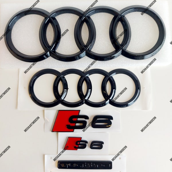 S6 Front and Rear Set for Audi, V6T, V8T, V10, Quattro Emblem, Audi Sport Black Gloss, Gloss Black, Badges Package New