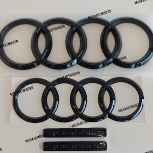 Audi Set Emblem, Gloss Black, 2x Rings + 2x Quattro, New in Foil, Badges Package, Quattro, Lettering, New