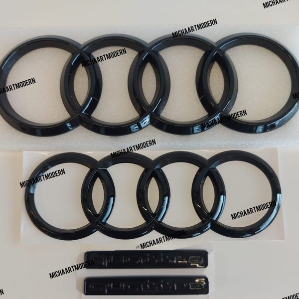 Audi Set Emblem, Schwarz Glänzend, Gloss Black, 2x Ringe + 2x Quattro, Neuware in Folie, Badges Paket, Quattro, Schriftzug, New