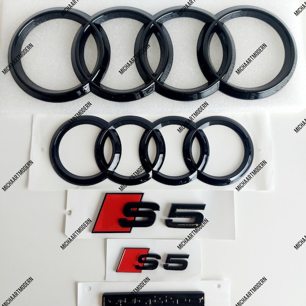 S5 Front and Rear Set for Audi, Quattro Emblem, Audi Sport Black Gloss, Gloss Black, New in Foil, Badges Package New Exclusive Pack