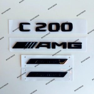 C 200 AMG Set for Mercedes Benz - Emblem, Black Glossy New in Foil, Lettering, Badge, Sticker, C200
