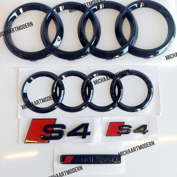Audi S4 Front and Rear Set, Quattro Emblem, Audi Sport Glossy Black, Gloss Black, New Item in Foil, Badges Package, New Exclusive Pack, A4