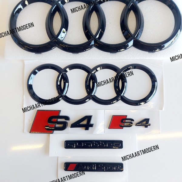 Audi S4 Front and Rear Set, Quattro Emblem, Audi Sport Glossy Black, Gloss Black, New Item in Foil, Badges Package, New Exclusive Pack, A4