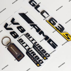 GLC63s AMG Set for Mercedes Benz, V8 Biturbo4Matic+ yellow emblem, black glossy new in foil, lettering, badge, GLC 63s
