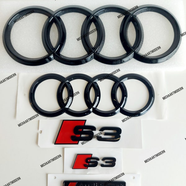 Audi S3 Front and Rear Set, Quattro Emblem, Audi Sport Black Gloss, Gloss Black, New in Foil, Badges Package, New Exclusive Pack, A3
