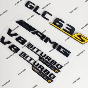 GLC63s black yellow set for Mercedes Benz, emblem, black glossy new in foil, lettering, badge, sticker, V8 Biturbo 4Matic+ GLC 63s