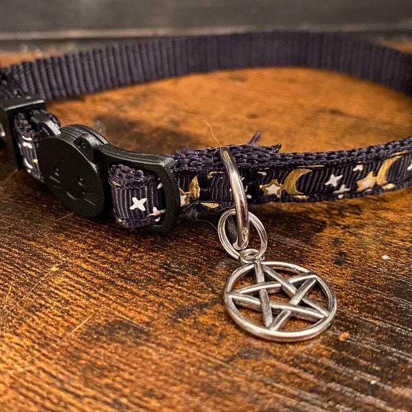 Black Lunar Cat Collar with Pentagram Charm and Safety Release Clasp
