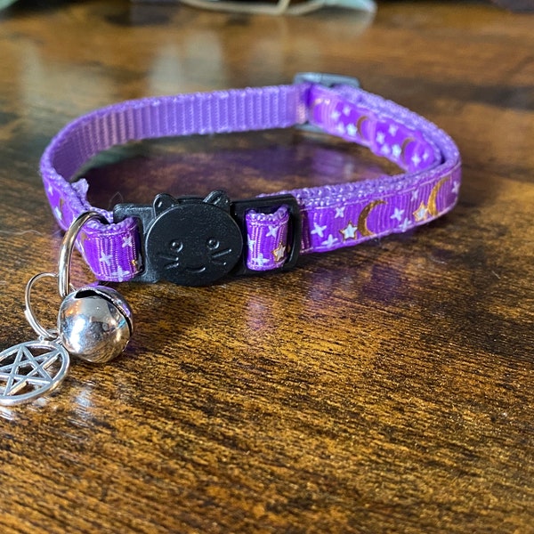 Purple Lunar Cat Collar with Pentagram Charm and Safety Release Clasp