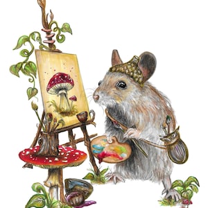 K&ouml;nnte beinhalten: Eine kleine Maus mit einem braunen Hut und einem Pinsel in der Hand steht vor einem Staffelei. Die Staffelei hat eine Leinwand mit einem Gem&auml;lde eines roten und wei&szlig;en Pilzes. Die Maus h&auml;lt eine Palette mit bunten Farben. Im Hintergrund befinden sich Pilze und andere Waldelemente.