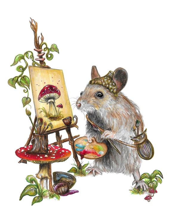 8.5 x 11 Mouse Painter Print, Mouse Art Print, Painting Mouse Print, Painting Animal Art, Animal Illustration, Art Lover Print, Artist Print