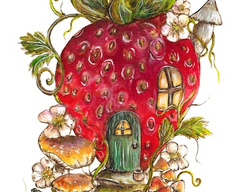 Strawberry Fairy Cottage Print (8.5x11), Whimsical Watercolor Illustration