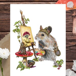 K&ouml;nnte beinhalten: Eine kleine Maus mit einem braunen Hut und einem Pinsel in der Hand steht vor einem Staffelei. Die Staffelei steht auf einem roten und wei&szlig;en Pilz. Die Maus malt einen roten und wei&szlig;en Pilz auf die Leinwand.